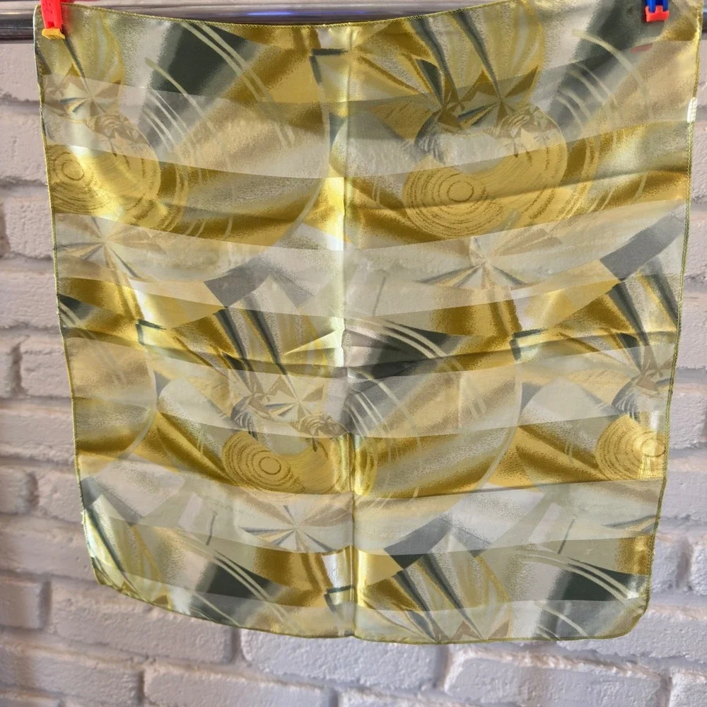 Vintage Abstract Geometric Scarf‎ Yellow Gold Grey Satin Chiffon Stripe 19in